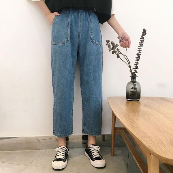 

women's jeans 2021 autumn women elastic waist pants female students high preppy style loose casual denim trousers cotton, Blue