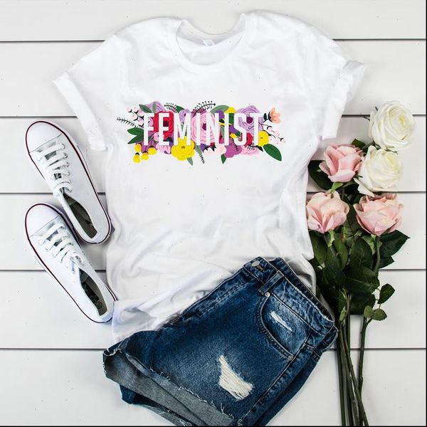 

women lady t shirt flower floral feminist printed tshirt ladies short sleeve tee shirt women female clothes graphic t shirt, White