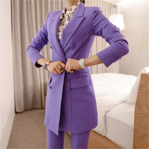 

new arrival professional women temperament double breasted fashion long solid suit 2 pieces work style comfortable slim pant set, White;black