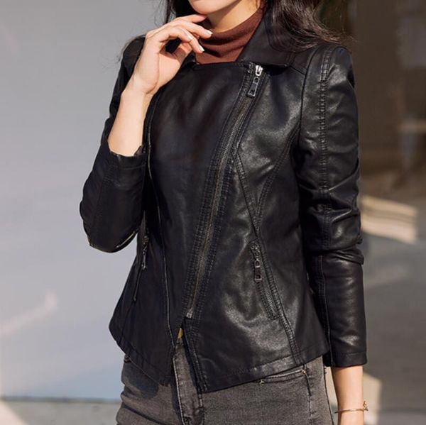 

women's leather & faux spring and autumn style korean women loose lapel sheepskin motorcycle jacket trend female fashion casual coats s, Black
