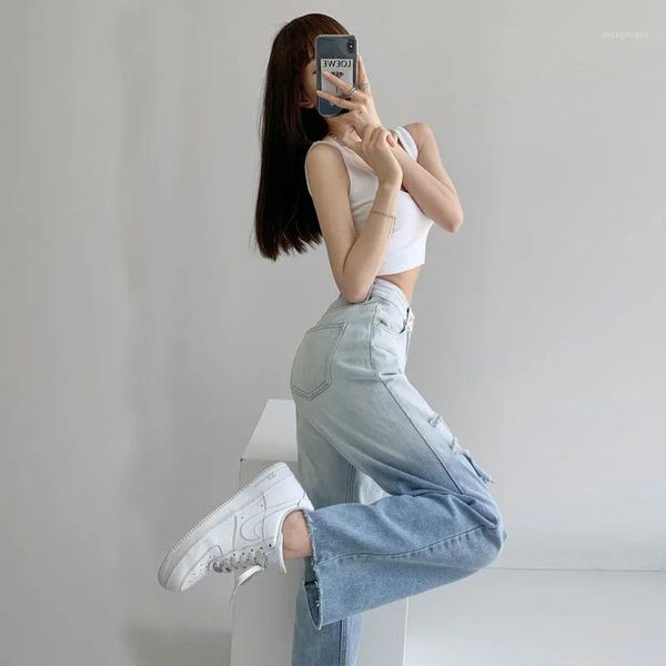 

women's jeans ripped wide leg pants high waist aesthetic korean fashion slits 2021 trend urban vintage white blue gradient