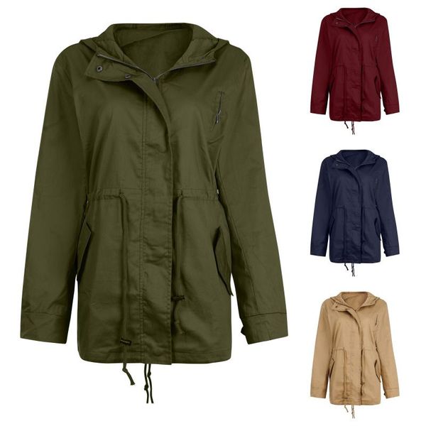 

women's trench coats autumn and winter jackets solid color drawstring hooded split mid-length windbreaker outdoor windproof, Tan;black