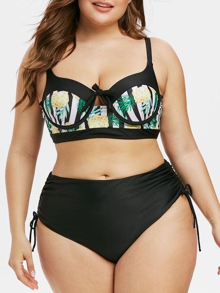 

one-piece suits pineapple print push up side cinched plus size bikini set