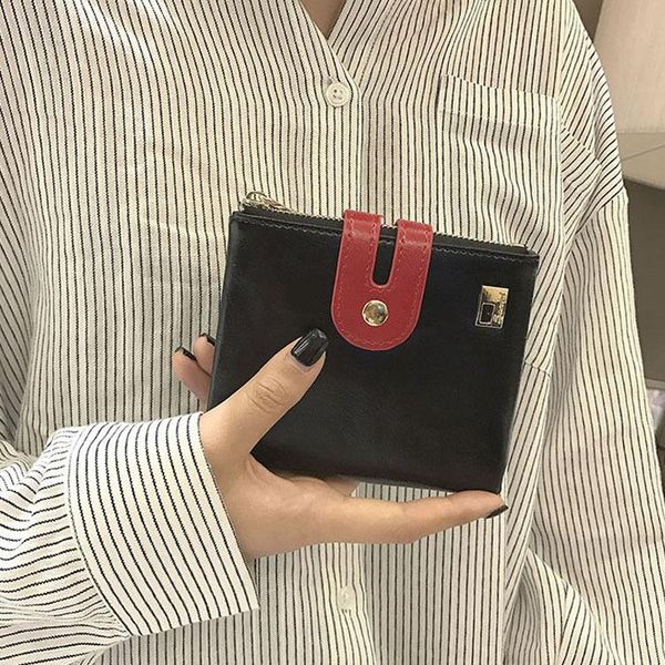 

wallets jiulin 2021 retro waxed leather 30% short ladies wallet double zipper change clip, Red;black