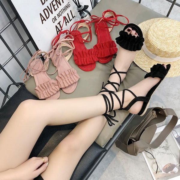 

sooneeya 2021 fashion ruffles flat sandals pleated flowers ankle strap sandals women cross-tied ladies shoes woman 43, Black