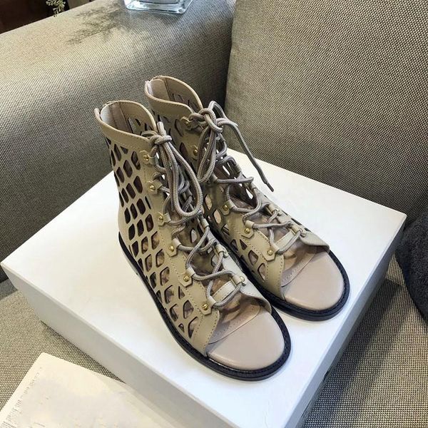 

sandals cut-outs women shoes 2021 summer peep toe lace-up leather ankle boots gladiator flat heel beach, Black