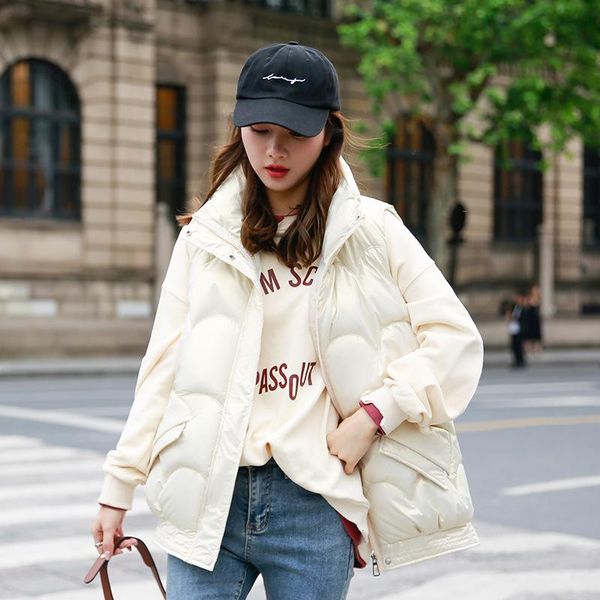 

women's vests autumn winter solid loose vest glossy stand collar short jacket cotton padded warm waistcoat, Black;white