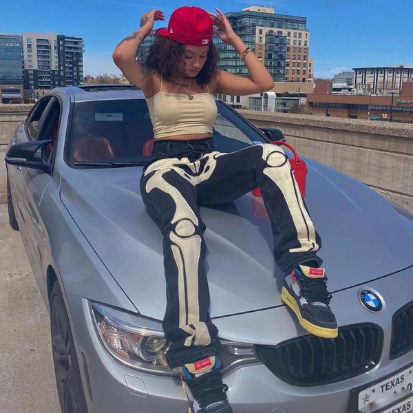 

women's jeans skeleton patterned low rise streetwear women black denim trousers cyber y2k goth pants fall 2021 c82-ef60, Blue