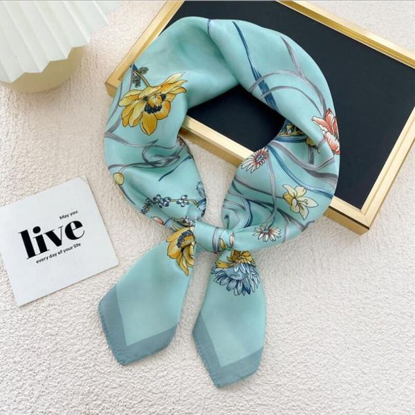 

scarves 2021 small square silk satin head hair scarf bandana women fashion elegant florals neck bag handle for ladies headscarf, Blue;gray