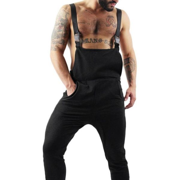 

men's pants street pocket pantalon homme drawstring waist casual buckle strap overalls jumpsuit suspenders rompers plus size, Black