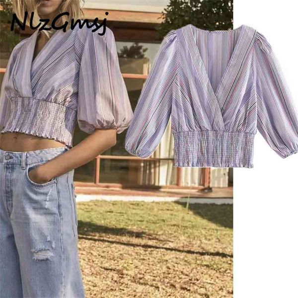 

blouse women shirts long puff sleeve v neck smocked vintage pleated feminine chic streetwear short 04 210628, White