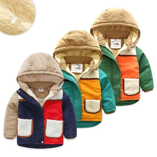 

winter warm 3-10 years cotton padded candy color patckwork thickening plus velet hooded jacket coat for kids baby boys 210701, Blue;gray
