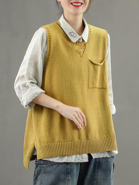 

women's vests 2021retro literary solid color hole round neck cotton knit vest loose bottoming thin, Black;white