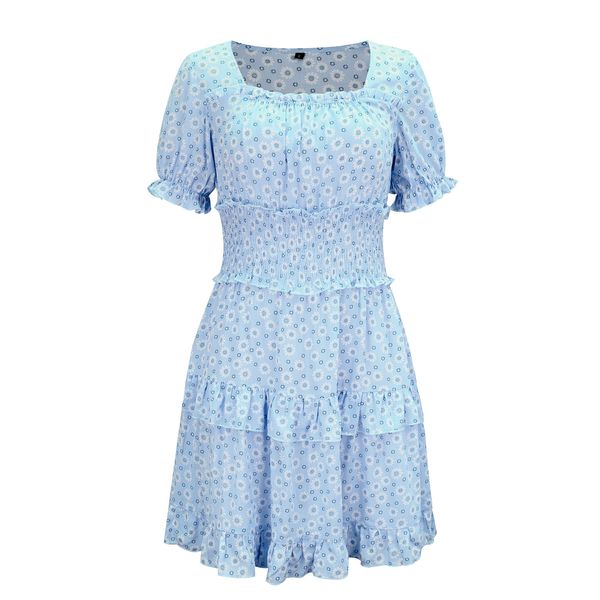 

summer new printed floral square collar elastic waist slim dress, Black;gray