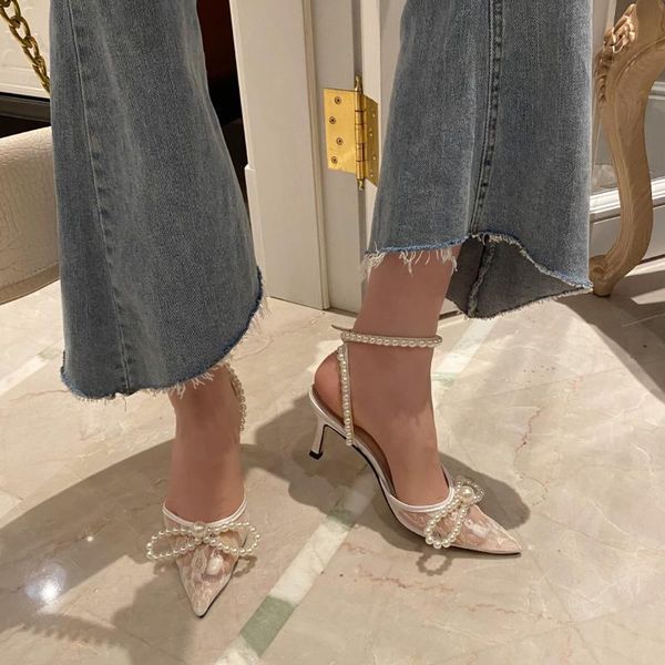 

sandals the spring and autumn 2021 style of pointy head wrap pearl mesh thin breathable heels, Black