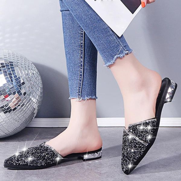 

slippers pointed toe summer 2021 luxury sequins sandals women slip on flip flops slipper chaussures femme e3, Black