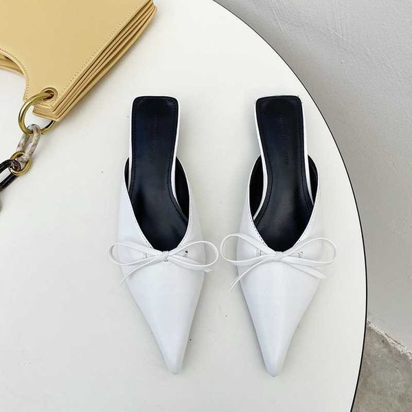 

slippers ladies mules pumps summer pointed leather bowknot heel sandals and all-match baotou half, Black