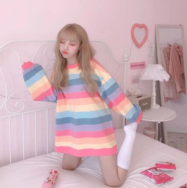 

korean rainbow striped long sleeve sweatshirt kawaii pastel 2021 new, Black