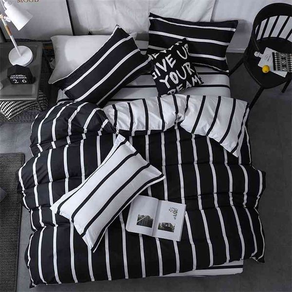 Solstice yatak seti nevresim yastık çanta çarşaf siyah ve beyaz şerit baskı yorgan yataklar düz kraliçe boyutu 210721