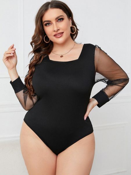 

plus square neck contrast mesh bodysuit v1h1#, Black