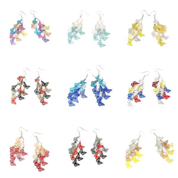 

fashion shiny butterfly rhinestone drop dangle earrings women elegant long pearl tassel chain pendant party jewelry, Silver