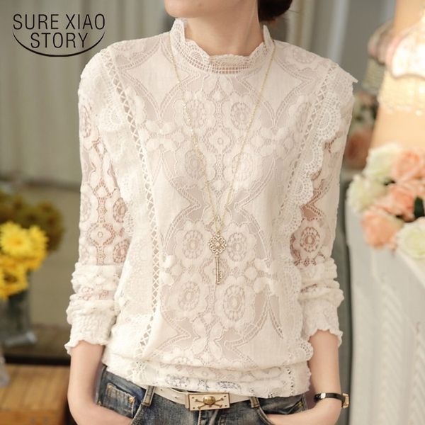 

new arrival 2021 autumn women blouses long sleeve fashion casual chiffon shirts stand floral lace blouses plus size 07f 25 210315, White