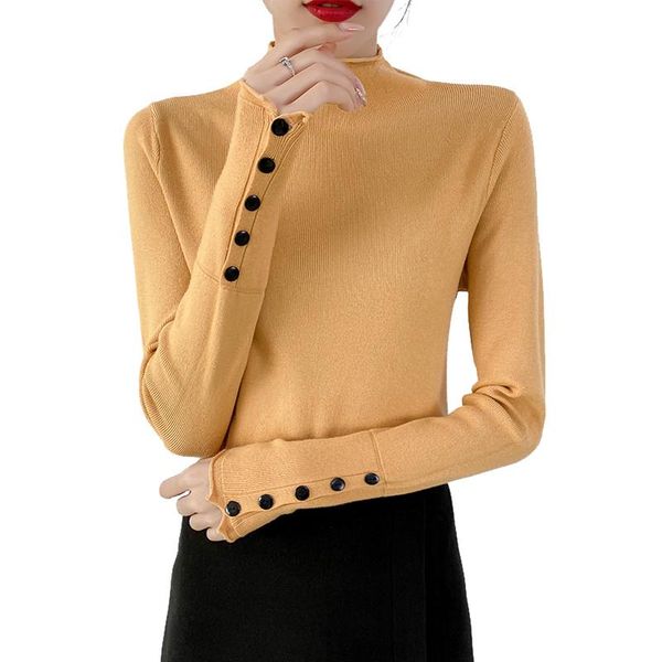 

women's sweaters 2021 women autumn knitted slim solid cotton soft elastic pullovers button full sleeve turtleneck jumpers winter, White;black