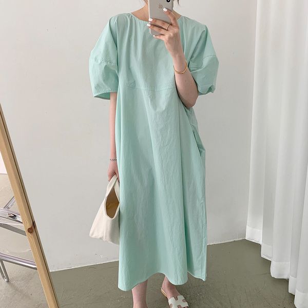 

new 2021 summer lonf o-neck loose style oversize women pure color short sleeve maxi vestidos dl6j, Black;gray
