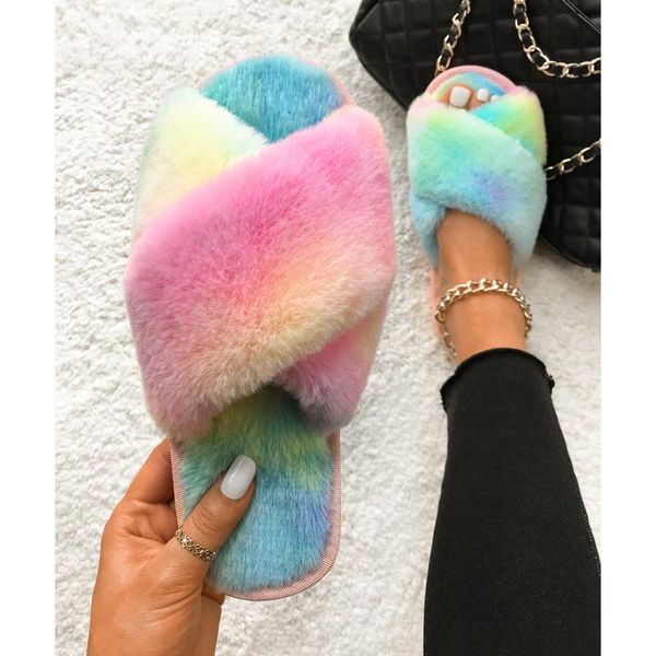 

slippers furry fur fluffy flip flops women faux slides winter warm cross strap indoor plush sandals home flat shoes, Black