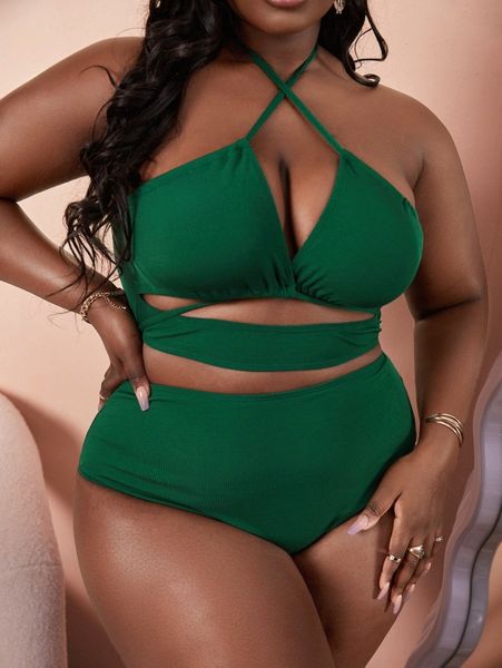 

plus rib cross bikini swimsuit h0o7#, Black