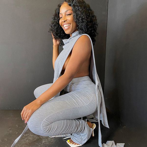 

lace up bodycon bandage 2 piece set women two piece ruched pants outfits clubwear matching sets 2021 d64-de48, White