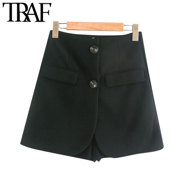 

traf women chic fashion double button shorts skirts vintage high waist office wear female skort mujer 210306, White;black