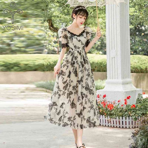 

yosimi long women dress summer butterfly embroidery female mid-calf strapless off the shoulder evening party elegant 210604, Black;gray