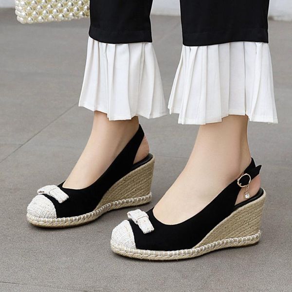 

bonjomarisa ins fashion stylish lady sandals round toe bowknot back strap flax wedges sandals women 2021 buckle shoes woman, Black