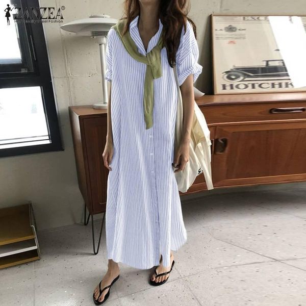 

party dresses women's summer sundress zanzea fashion striped shirt dress casual short sleeve midi vestidos female lapel button robe ove, White;black