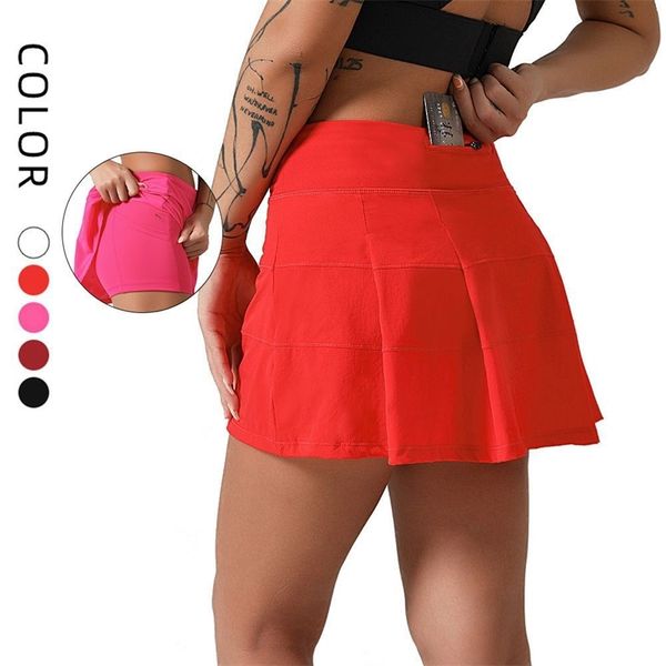 

light proof pocket pleated high waist sports tennis lulu fake two piece yoga skirt women, Black
