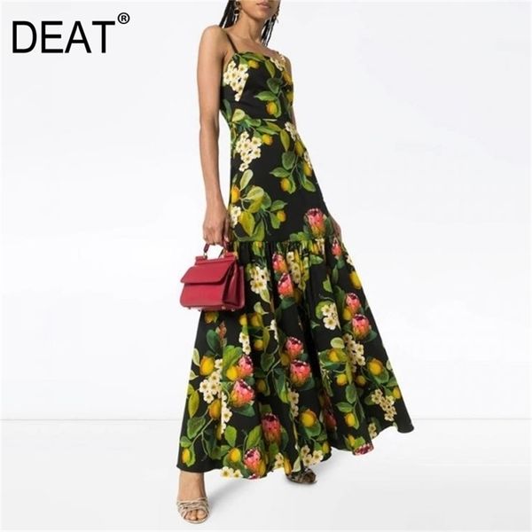 

[deat] summer fashion slash neck high waist sling floor-length sleeveless printing loose elegant dress 13c968 210527, Black;gray