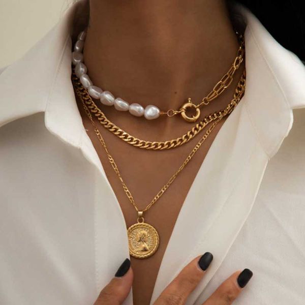 

chokers diezi vintage imitation pearl choker chain necklace punk multilayer carved coin pendant necklaces women collar 2021 jewelry, Golden;silver