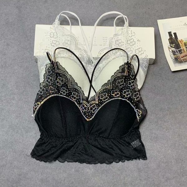 

514 style internet celebrity same style french lace edge spaghetti strap beauty back diamond decorations beauty back beauty shoulder womens, Black;white