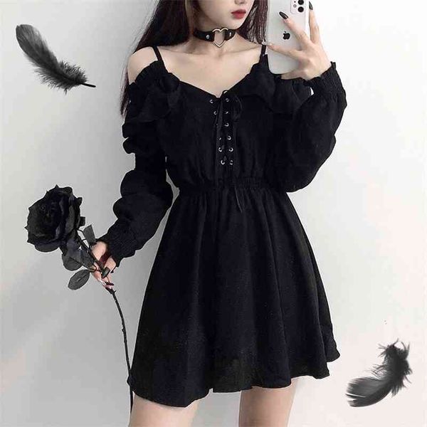 Kadınlar Elbise Demon Kız Orijinal Siyah İlkbahar Ve Sonbahar Seksi Yüksek Bel Femme Elbise Omuz Uzun Kollu Gotik Elbise A085 210630