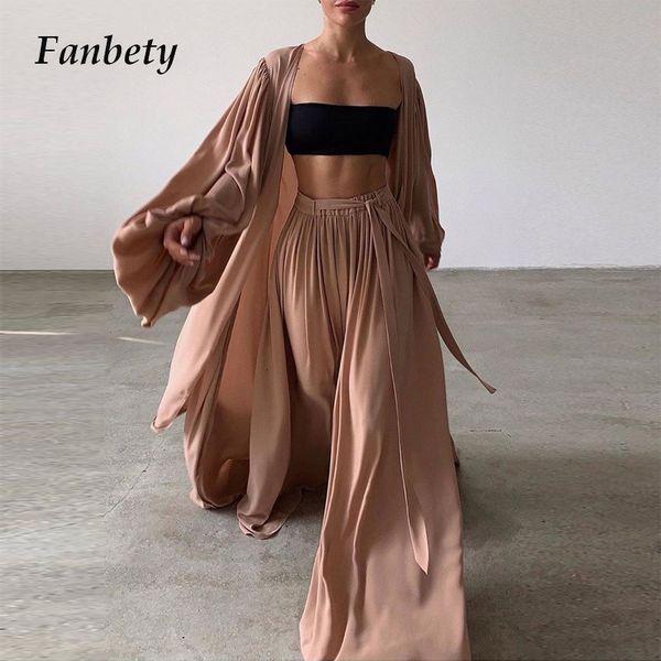 

new spring summer 2021 women 3 pieces pajamas set sleepwear pijama wrap cardigan + lace up wide leg nightwear pyjama xo5o, Black;white