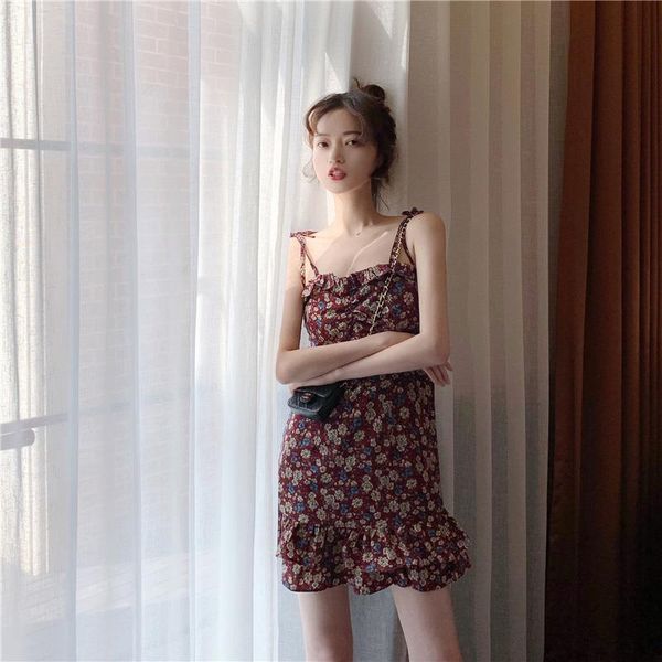 

women summer mermaid dress vintage print floral female spaghetti strap dress casual holiday lady ruffles beach vestidos, Black;gray