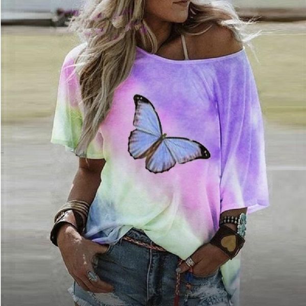 

women's t-shirt bat half sleeve t shirt oversized shirts fashion loose butterfly print lady casual clothes summer camisas de mujer, White