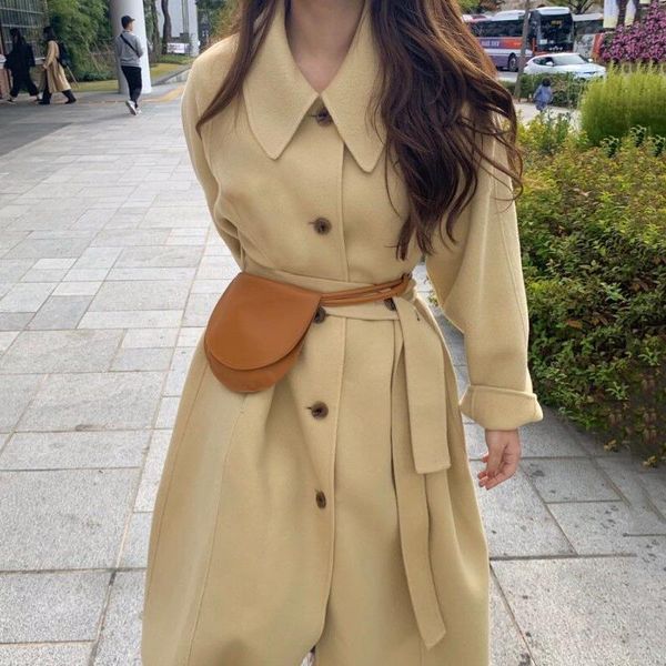 

women's wool & blends [ewq]2021 winter over knee style turn-down collar long-sleeved solid color straight minimalist woolen overcoat wi, Black