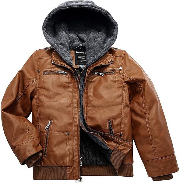 

men's trench coats boy's faux leather jacket zipper up hoodie coat with removable hood, Tan;black
