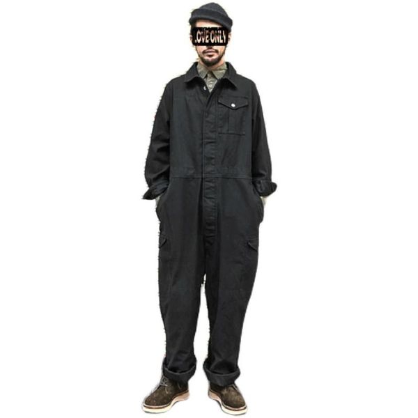 

men's pants overalls multi-pockets workwear jumpsuit black green single breasted loose long sleeve turn down collar one-piece trouser