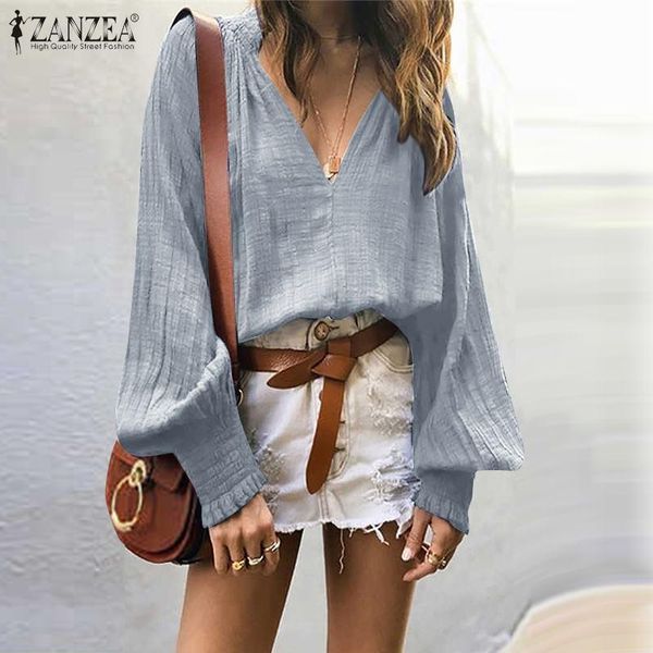 

women's blouses & shirts solid zanzea 2021 stylish v neck casual puff sleeve blusas female spring pleated chemise 7, White