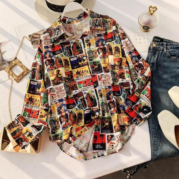 

womens retro printing loose slim street print casual shirts lady long sleeve korean polyester fashion clothing blusas mujer de moda j129, White