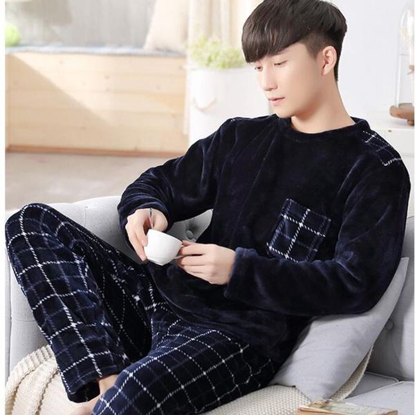 

men flannel pajamas set casual home clothing winter long sleeve round neck cartoon men's sleepwear pyjamas homme nightclothes, Black;brown