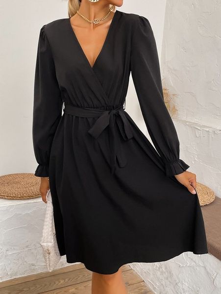 

surplice neck flounce sleeve belted a-line dress she, Black;gray